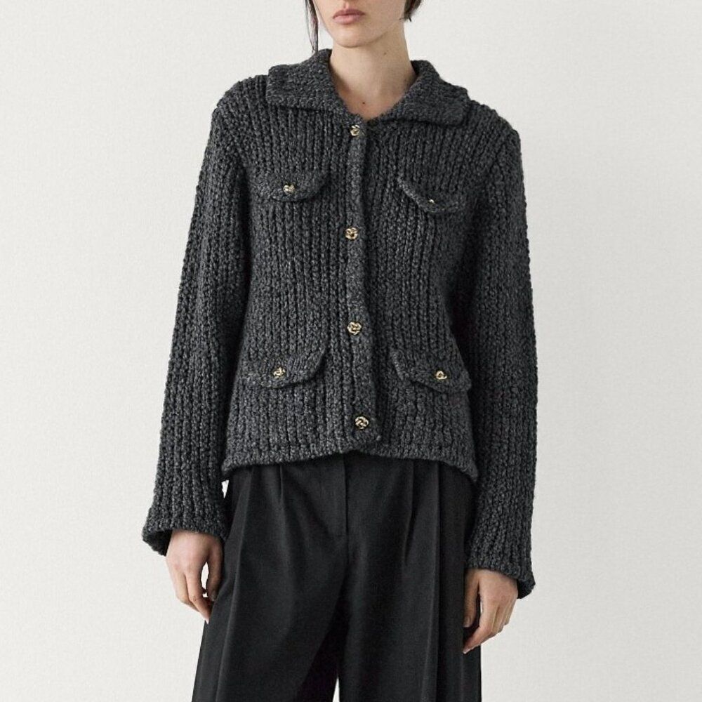 Massimo Dutti Womens Sweater Cardigan S Gray Knit Pocket Details 5711/630 NWT